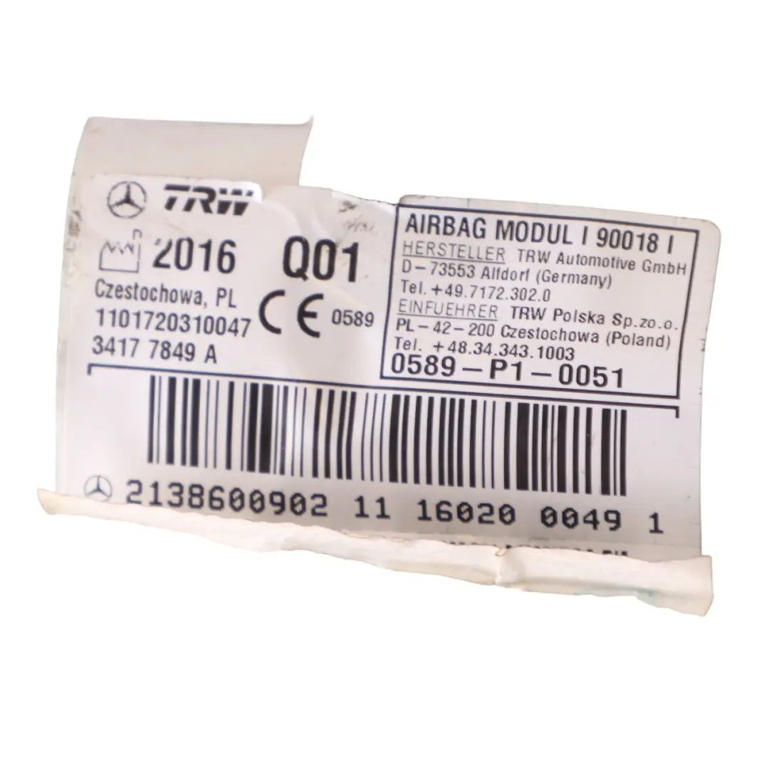 Head Air Module Roof Side Curtain Left N/S to Mercedes W213 with Part number A2138600902 Mercedes W213 Head Air Module Roof Side Curtain Left N/S - SKU A2138600902 - Part number A2138600902