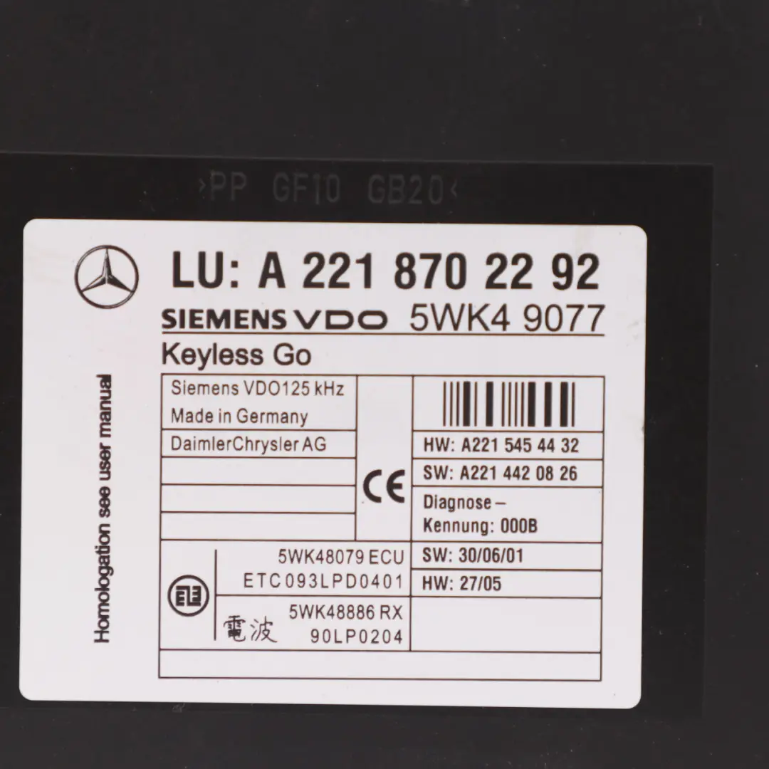 Mercedes W221 C216 Sin llave Go EntradaMódulo de Control 433Mhz - SKU A2218702292 - Número de pieza A2218702292