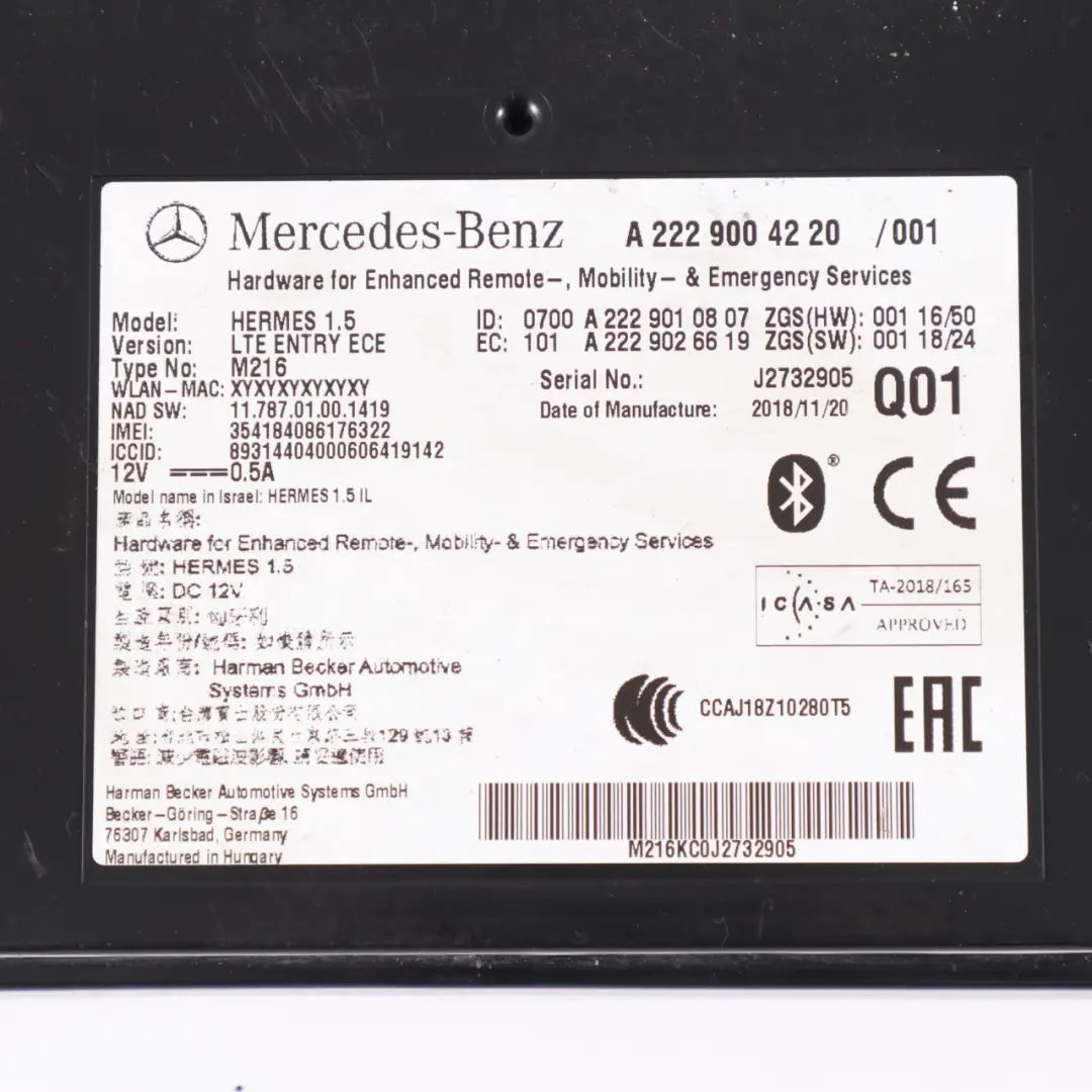 Mercedes GLC X253 Module de communication LTE Téléphone Bluetooth - SKU A2229004220 - Numéro de pièce A2229004220