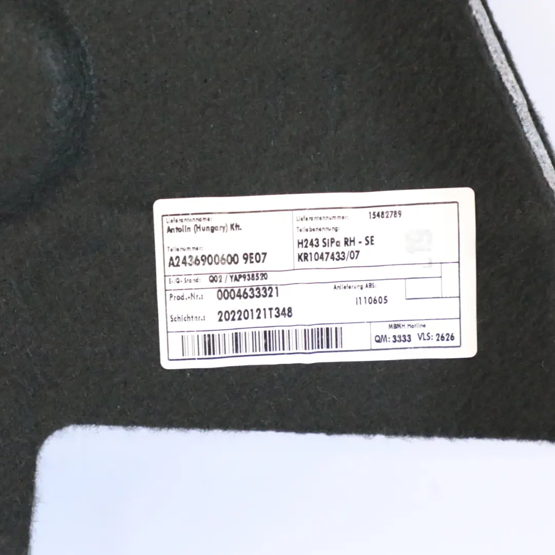 Maletero Panel Embellecedor del Maletero Derecho Tapa para Mercedes H243 con número de pieza A2436900600 Mercedes H243 Maletero Panel Embellecedor del Maletero Derecho Tapa - SKU A2436900600 - Número de pieza A2436900600