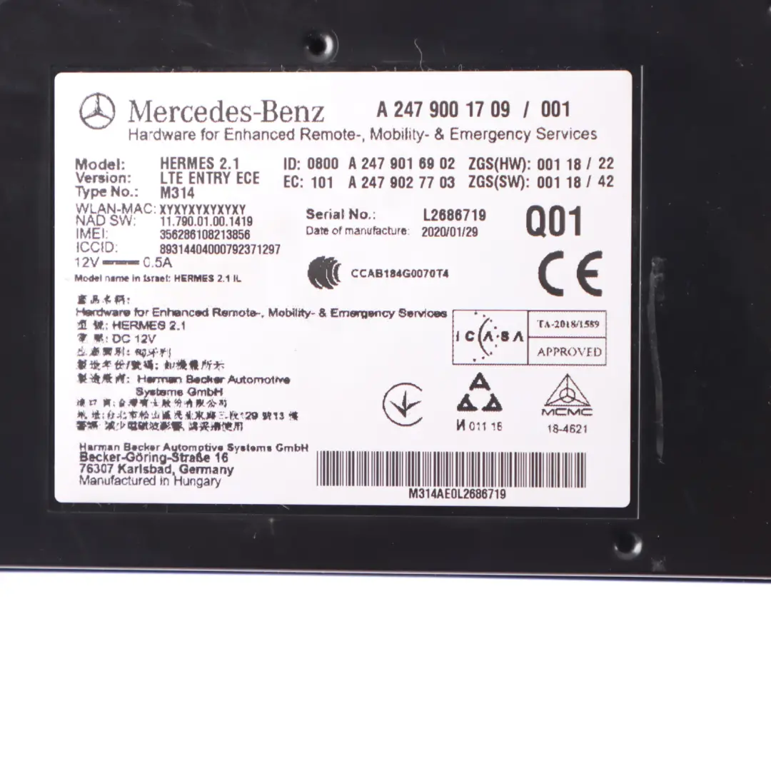 W907 Radio Control Unit Modulo ECU per Mercedes con numero di parte A2479001709 Mercedes W907 Radio Control Unit Modulo ECU - SKU A2479001709 - Numero di parte A2479001709