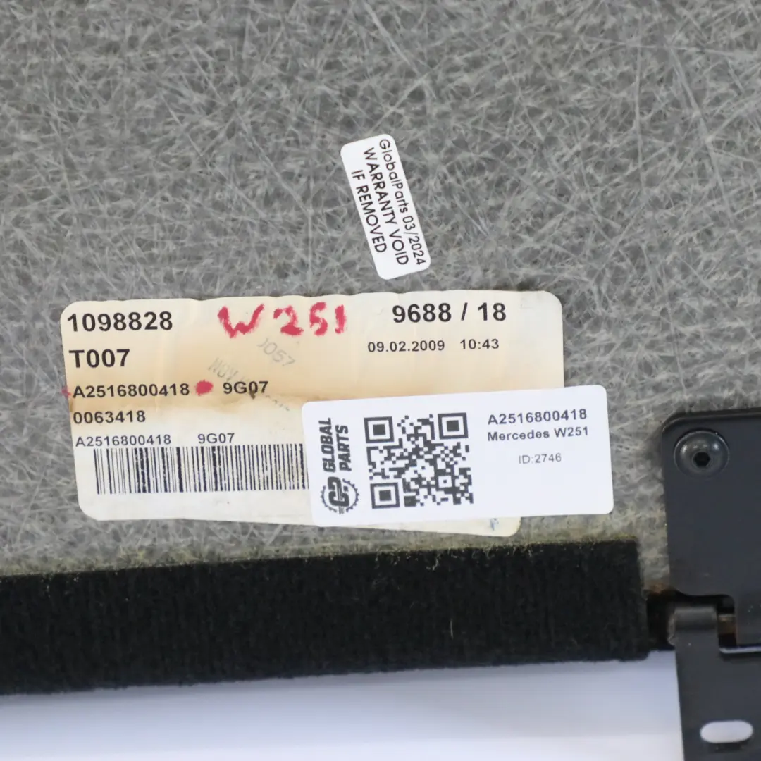 Boot Trunk Floor Rear Loading Trim Panel Carpet Black to Mercedes W251 with Part number A2516800418 Mercedes W251 Boot Trunk Floor Rear Loading Trim Panel Carpet Black - SKU A2516800418 - Part number A2516800418