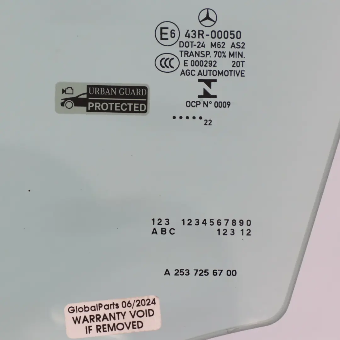 Finestrino Porta Anteriore Sinistra Vetri AS2 per Mercedes GLC X253 con numero di parte A2537256700 Mercedes GLC X253 Finestrino Porta Anteriore Sinistra Vetri AS2 - SKU A2537256700 - Numero di parte A2537256700