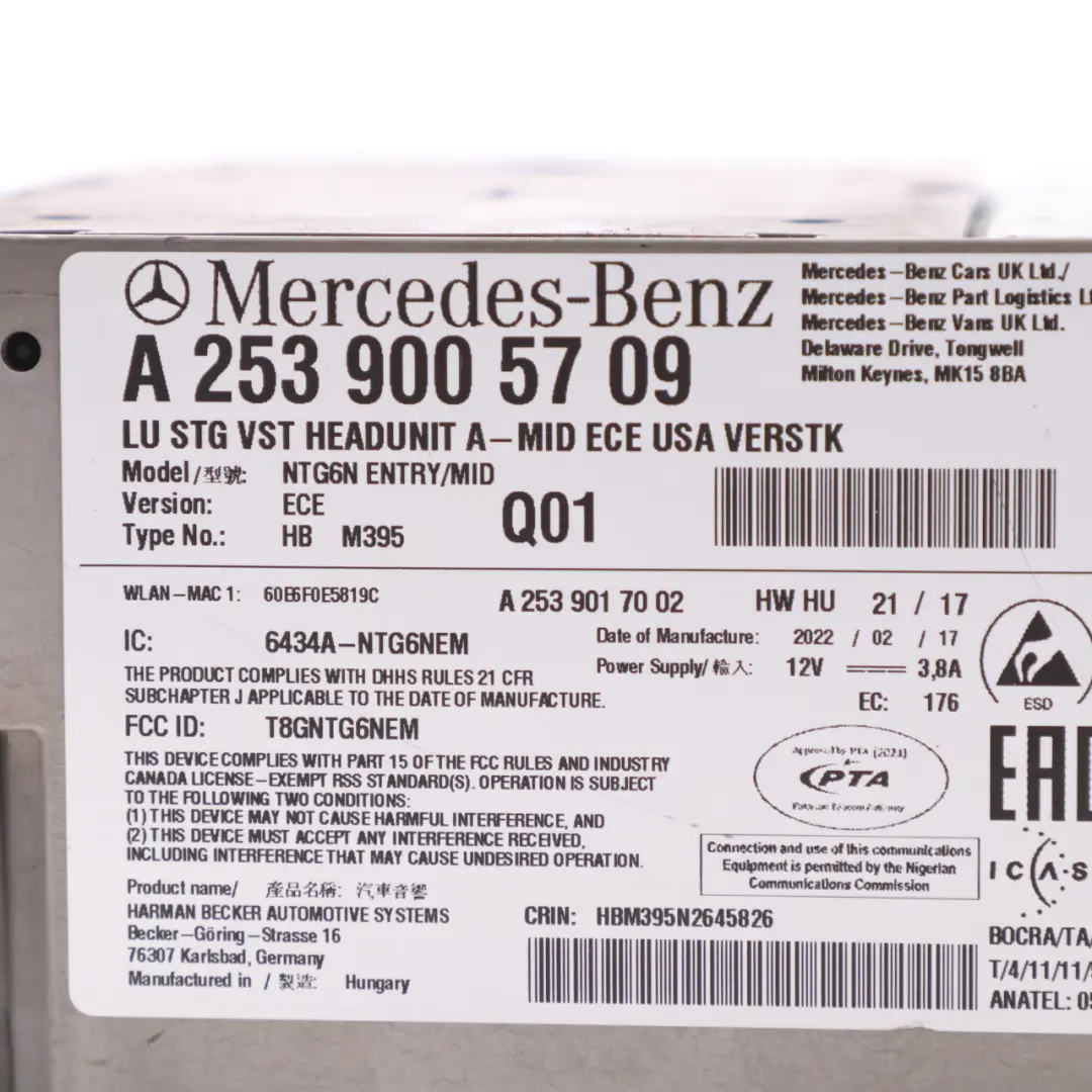 Radio Stereo Nav Unità controllo della testa per Mercedes GLC X253 con numero di parte A2539005709 Mercedes GLC X253 Radio Stereo Nav Unità controllo della testa - SKU A2539005709 - Numero di parte A2539005709