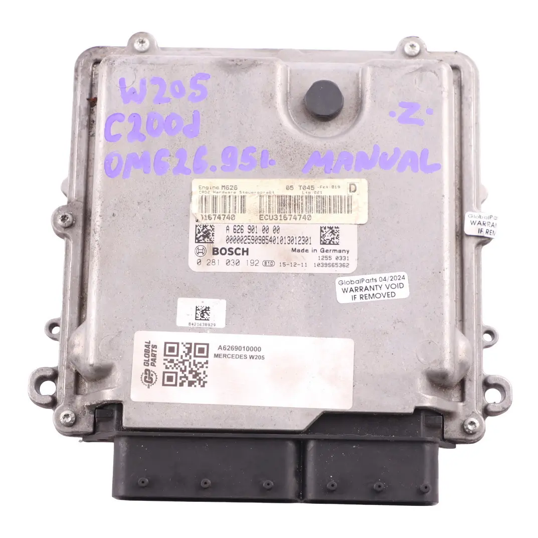 C200d 626.951 136HP Engine Control Unit ECU A6269000000 Manual to Mercedes W205 with Part number A6269010000 Mercedes W205 C200d 626.951 136HP Engine Control Unit ECU A6269000000 Manual - SKU A6269010000 - Part number A6269010000