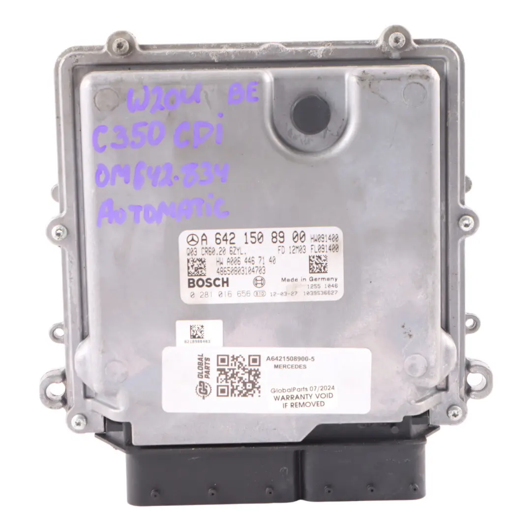 C350CDI BE OM642.834 Engine Control Unit ECU to Mercedes W204 with Part number A6421508900 Mercedes W204 C350CDI BE OM642.834 Engine Control Unit ECU - SKU A6421508900-5 - Part number A6421508900