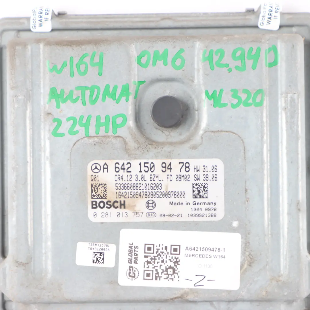 ML320 OM642.940 Diesel Engine Unit ECU Kit + Keys to Mercedes W164 with Part number A6421509478 Mercedes W164 ML320 OM642.940 Diesel Engine Unit ECU Kit + Keys - SKU A6421509478-1 - Part number A6421509478