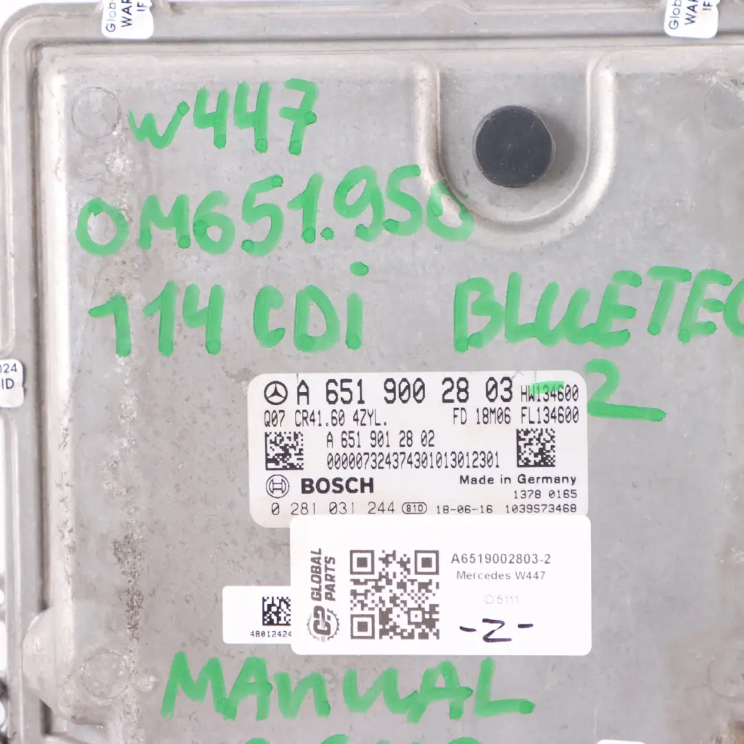 OM651.950 Engine Control Unit ECU Kit Keys to Mercedes W447 114 CDI with Part number A6519002803 Mercedes W447 114 CDI OM651.950 Engine Control Unit ECU Kit Keys - SKU A6519002803-2 - Part number A6519002803