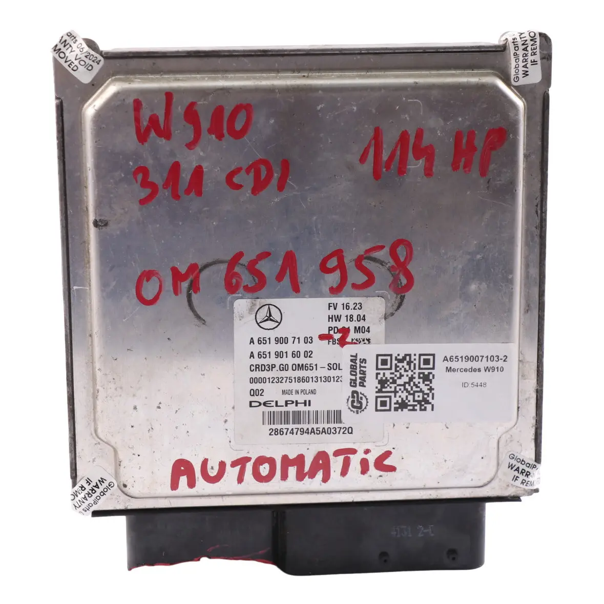Mercedes Sprinter W907 311 CDI 651.958 114HP Engine Control Unit ECU A6519007103