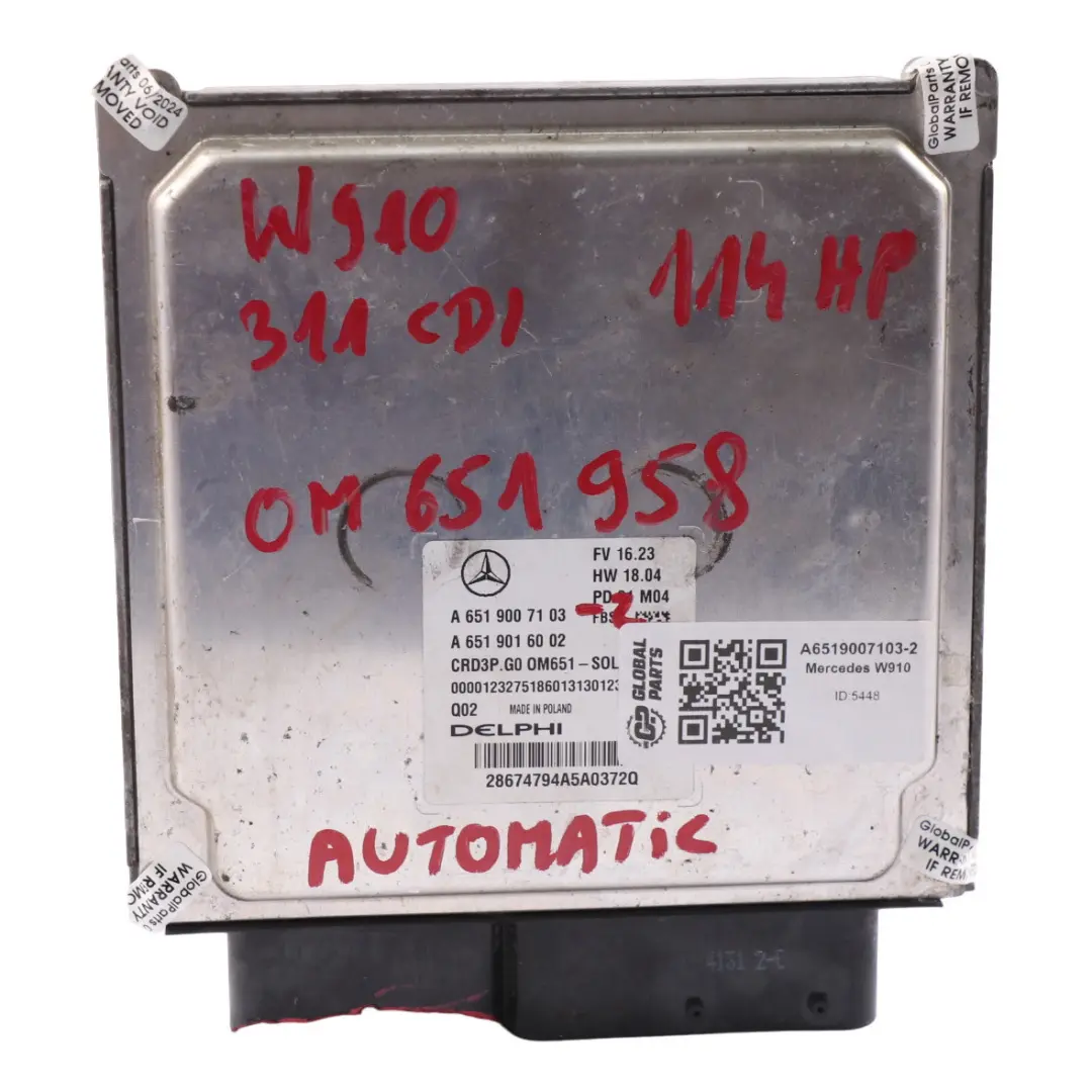 W907 311 CDI 651.958 114HP Unità Controllo Motore ECU Mercedes - SKU A6519007103-2 - Numero di parte A6519007103