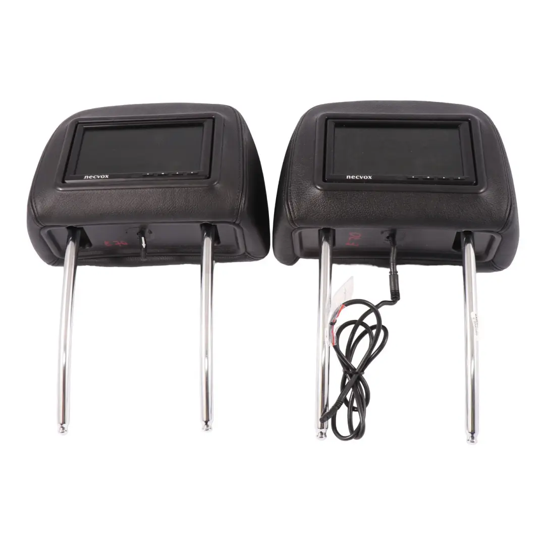 BMW X5 E70 Front Seats Headrest Right Left Black Leather Necvox Screens Set - SKU E70 HEADREST BLACK LEATHER NECVOX - Part number E70 HEADREST BLACK LEATHER NECVOX