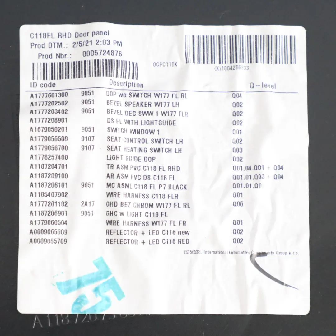 Door Card Front Left N/S Trim Panel Cover Leather Black to Mercedes CLA C118 with Part number A1187207501 Mercedes CLA C118 Door Card Front Left N/S Trim Panel Cover Leather Black - SKU rhd-A1187207501 - Part number A1187207501