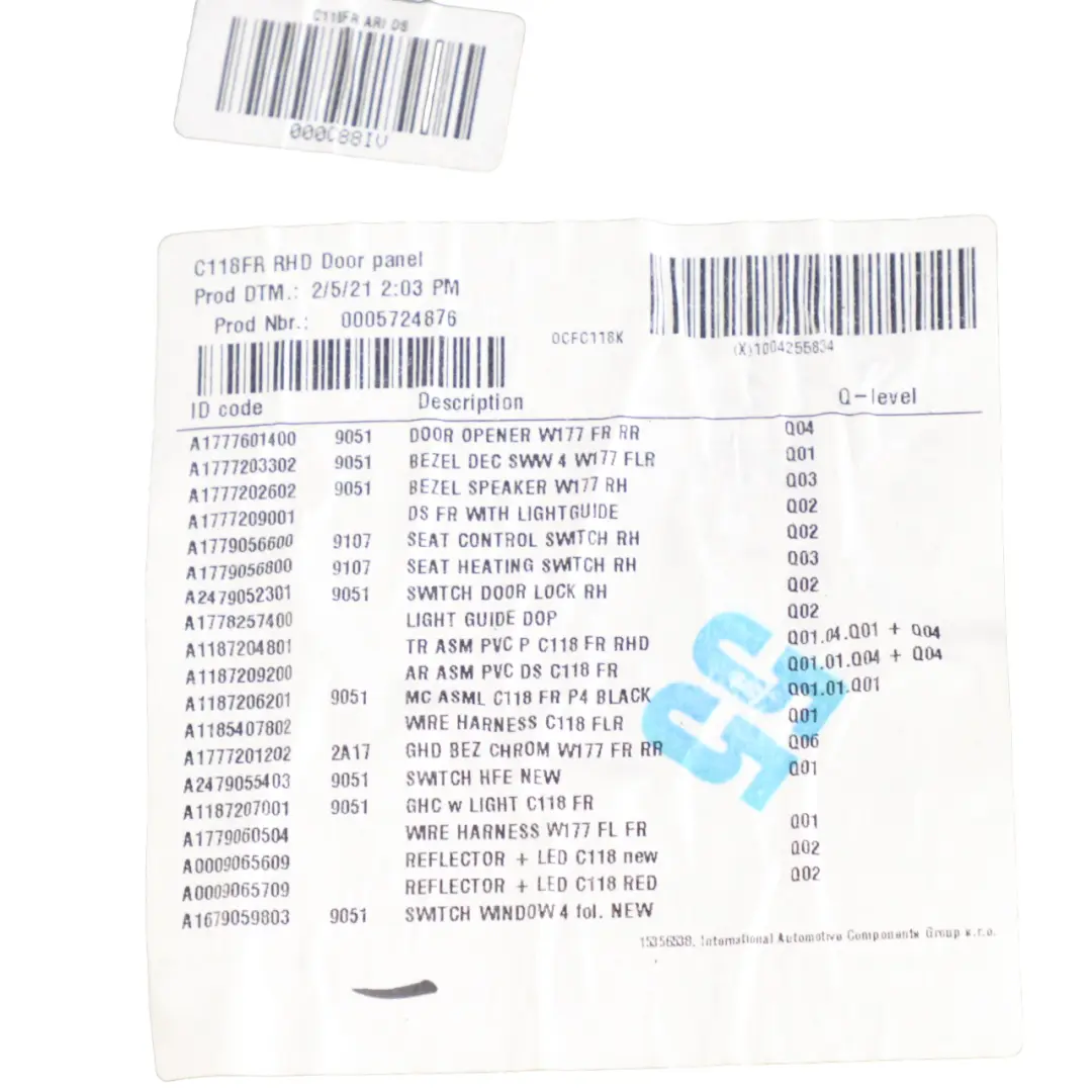 Mercedes CLA C118 Door Card Front Right O/S Trim Panel Cover Leather Black - SKU rhd-A1187208301 - Part number A1187208301