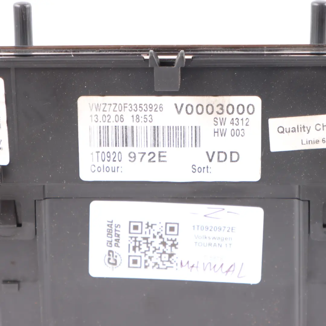 Instrument Cluster Speedo Clocks Manual to Volkswagen VW Touran Diesel with Part number 1T0920972E Volkswagen VW Touran Diesel Instrument Cluster Speedo Clocks Manual - SKU rhd-1T0920972E - Part number 1T0920972E