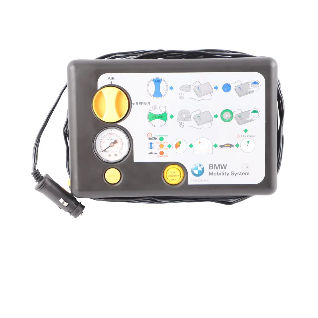 Tyre Inflation Compressor Mobility to BMW E87 F20 F23 F30 F46 E90 LCI with Part number 2333674 BMW E87 F20 F23 F30 F46 E90 LCI Tyre Inflation Compressor Mobility - SKU 2333674 - Part number 2333674