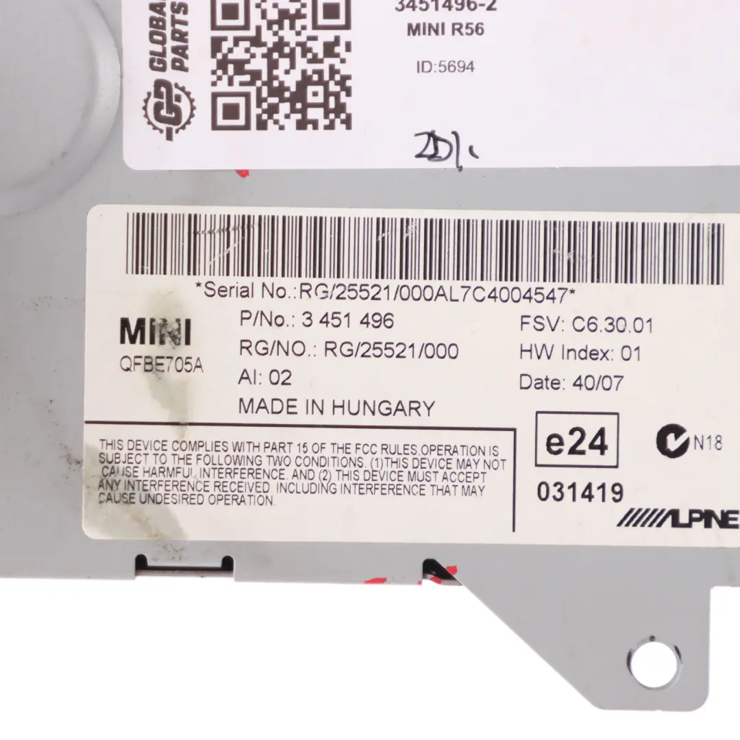 Écran de navigation du combiné d'instruments Speedo pour Mini 2 R55 R56 à propos du numéro de pièce 3451496 Mini 2 R55 R56 Écran de navigation du combiné d'instruments Speedo - SKU 3451496-2 - Numéro de pièce 3451496