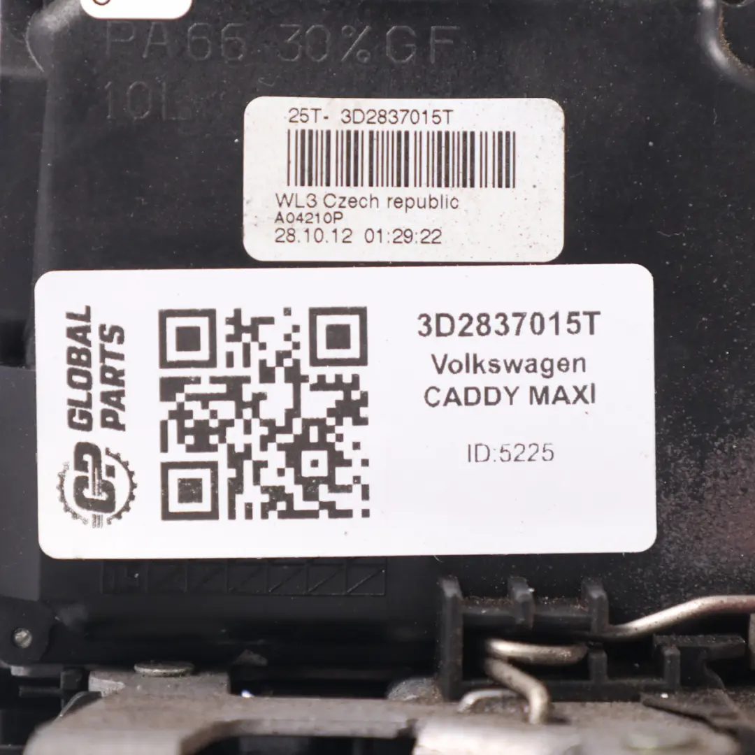 VW Volkswagen Caddy Maxi Front Left N/S Door Lock Mechanism Assembly - SKU 3D2837015T - Part number 3D2837015T