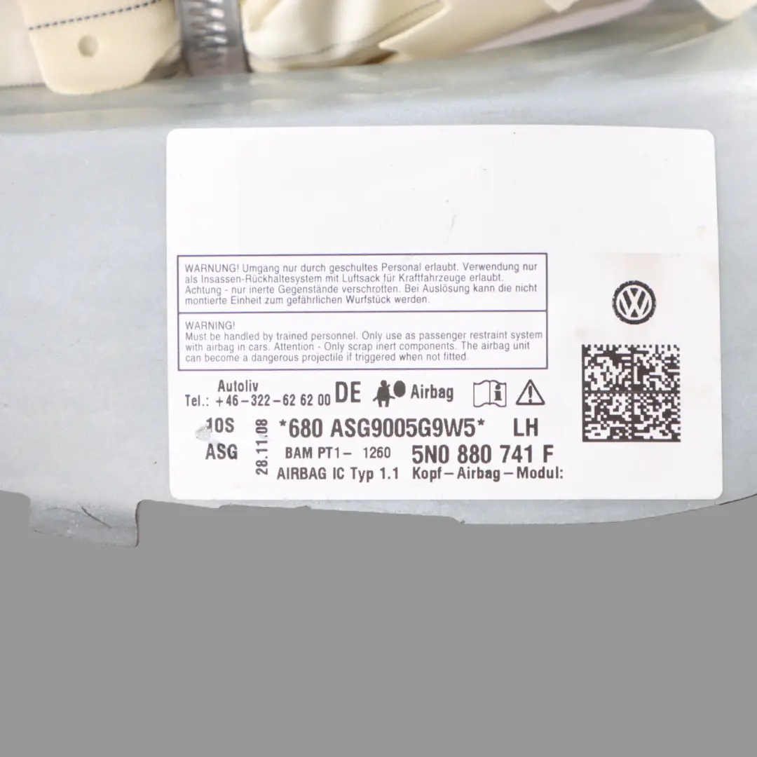 Left N/S Head Air Module Roof Curtain 5N0880741F to VW Volkswagen Tiguan 5N with Part number 5N0880741G VW Volkswagen Tiguan 5N Left N/S Head Air Module Roof Curtain 5N0880741F - SKU 5N0880741G - Part number 5N0880741G