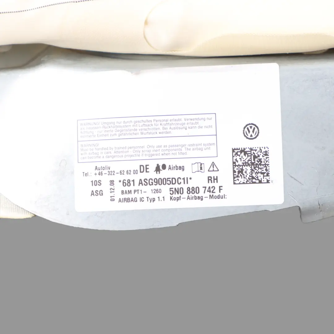 Right O/S Head Air Module Roof Curtain to VW Volkswagen Tiguan 5N with Part number 5N0880742G VW Volkswagen Tiguan 5N Right O/S Head Air Module Roof Curtain - SKU 5N0880742G - Part number 5N0880742G