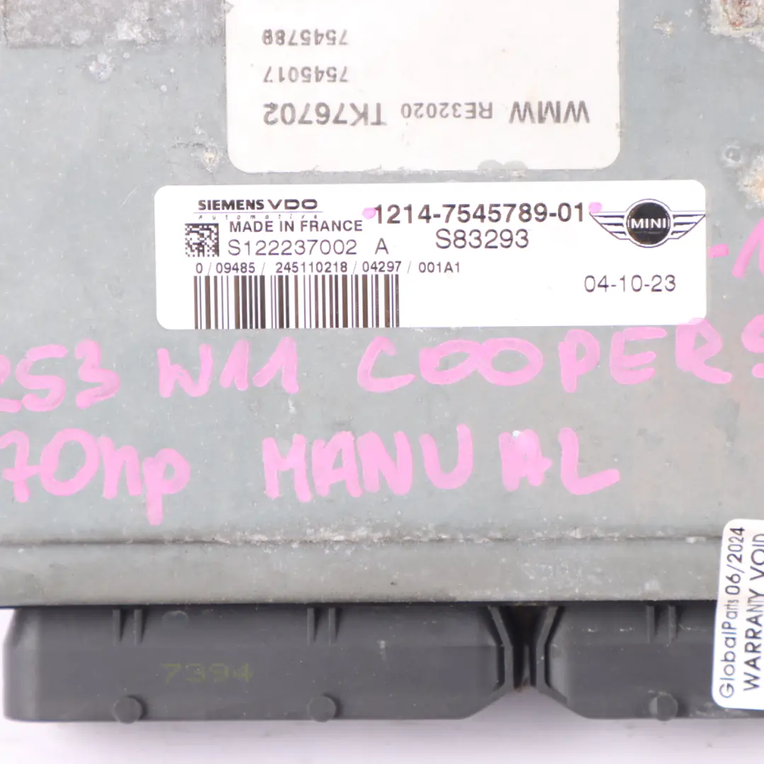 MINI Cooper S R52 R53 W11 170HP Engine ECU Kit DME + EWS + Keys Manual - SKU 7545789-12 - Part number 7545789