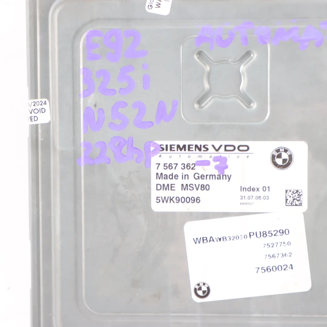 BMW E92 325i N52N 218HP ECU Control Unit Kit DME CAS3 + Key Automatic - SKU 7567362-7 - Part number 7567362
