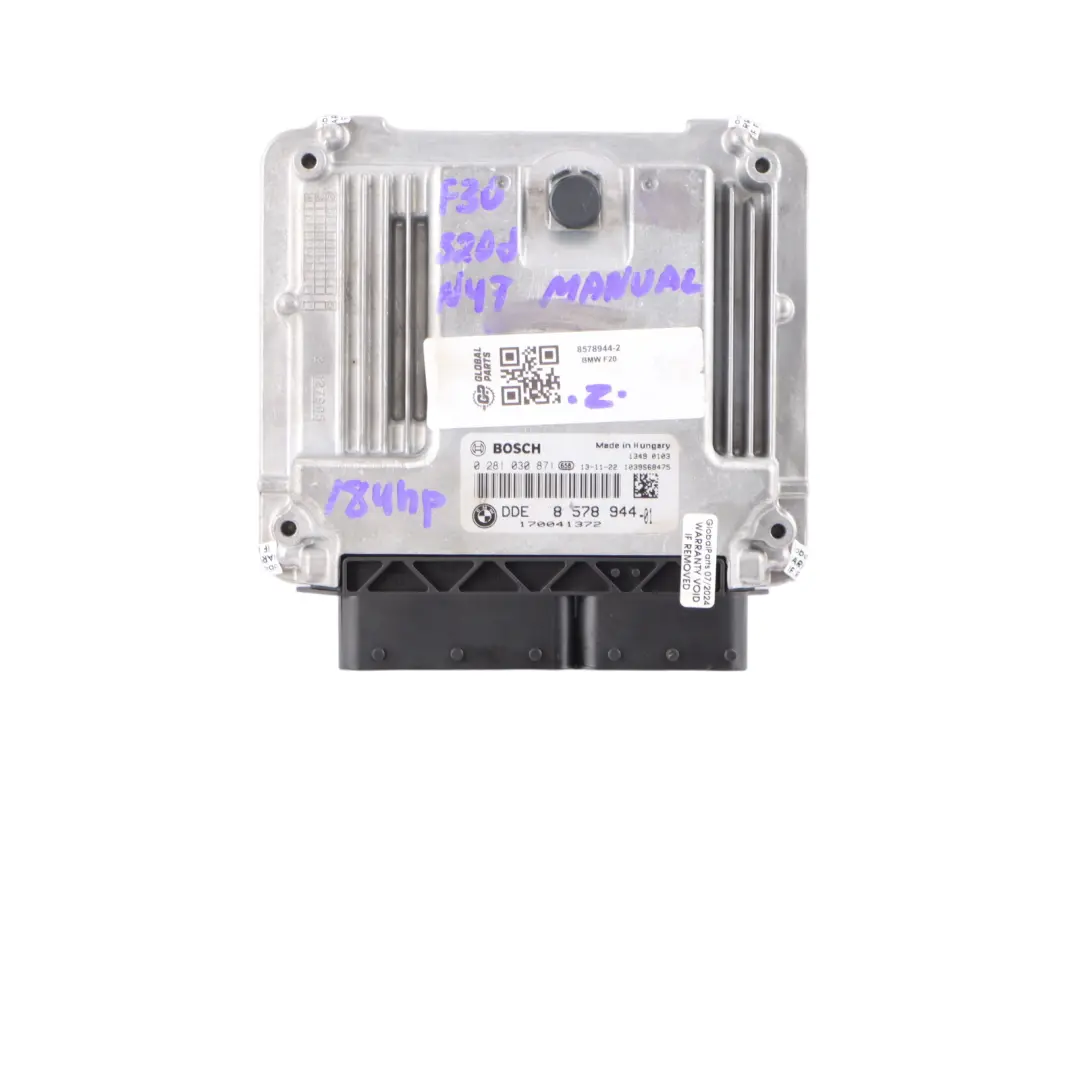 BMW F20 120D F30 320D 184HP N47N Motore ECU Kit DDE FEM Chiave - SKU 8578944-2 - Numero di parte 8578944