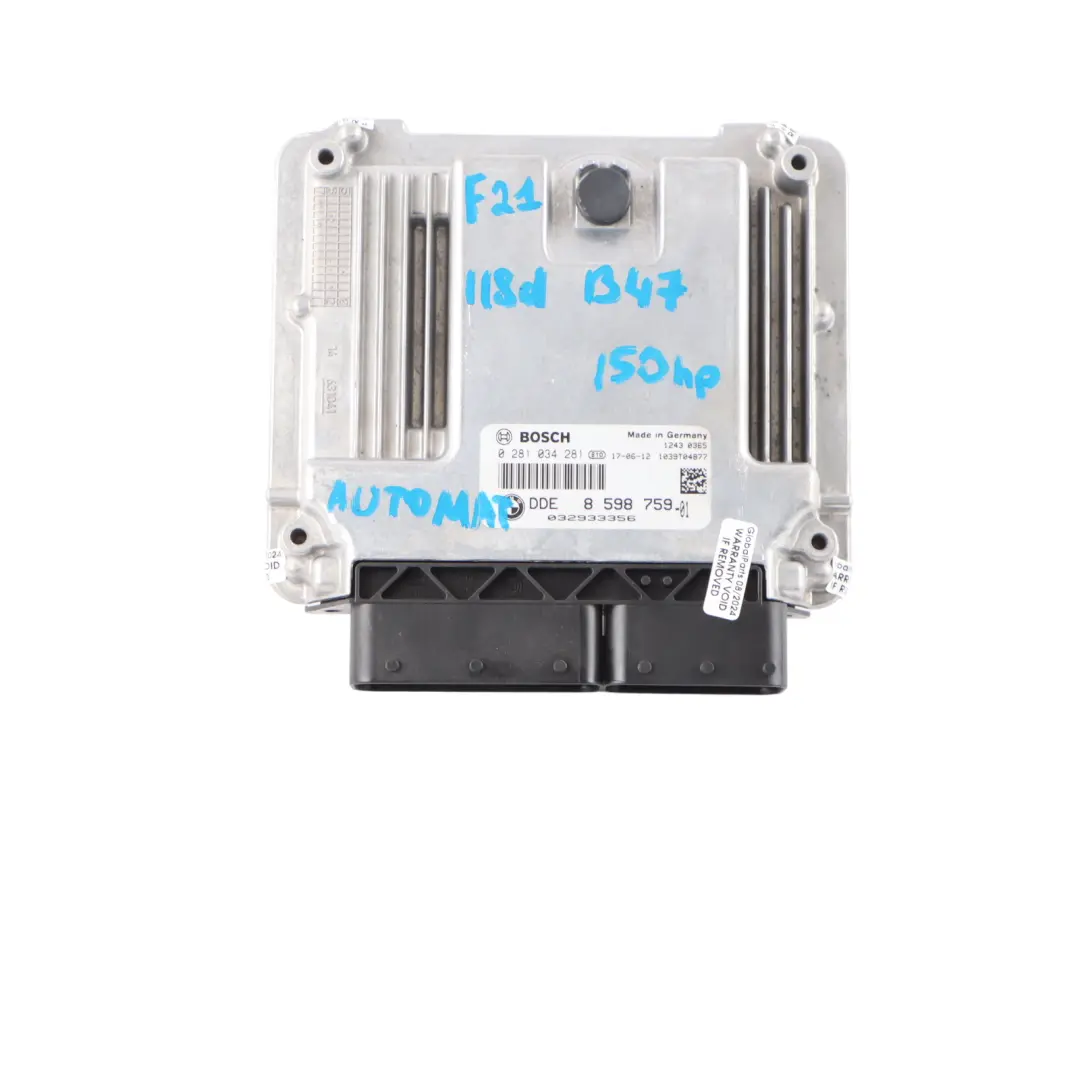 150HP B47 ECU DDE Engine Control Unit Automatic to BMW F20 F30 LCI Diesel with Part number 8598759 BMW F20 F30 LCI Diesel 150HP B47 ECU DDE Engine Control Unit Automatic - SKU 8598759-3 - Part number 8598759