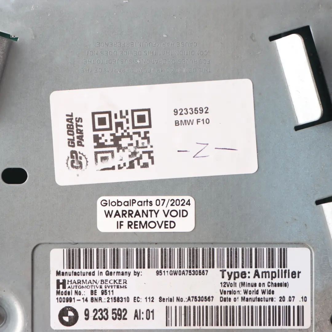 BMW F10 F11 Módulo Amplificador Sonido Harman/Becker - SKU 9233592 - Número de pieza 9233592