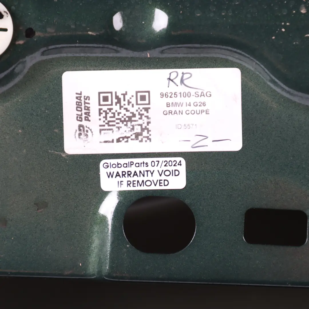 Door Rear Right O/S Door Shell San Remo Green Metallic - C4E to BMW G26 with Part number 9625100 BMW G26 Door Rear Right O/S Door Shell San Remo Green Metallic - C4E - SKU 9625100-SAG - Part number 9625100