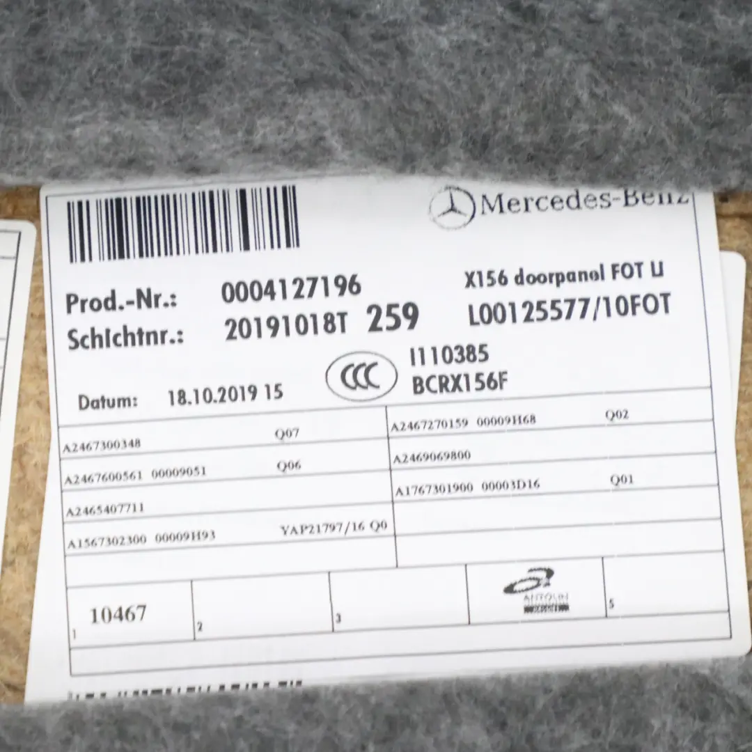 Coperchio Scheda Porta Posteriore Sinistra Pannello per Mercedes X156 con numero di parte A1567302300 Mercedes X156 Coperchio Scheda Porta Posteriore Sinistra Pannello - SKU A1567302300 - Numero di parte A1567302300