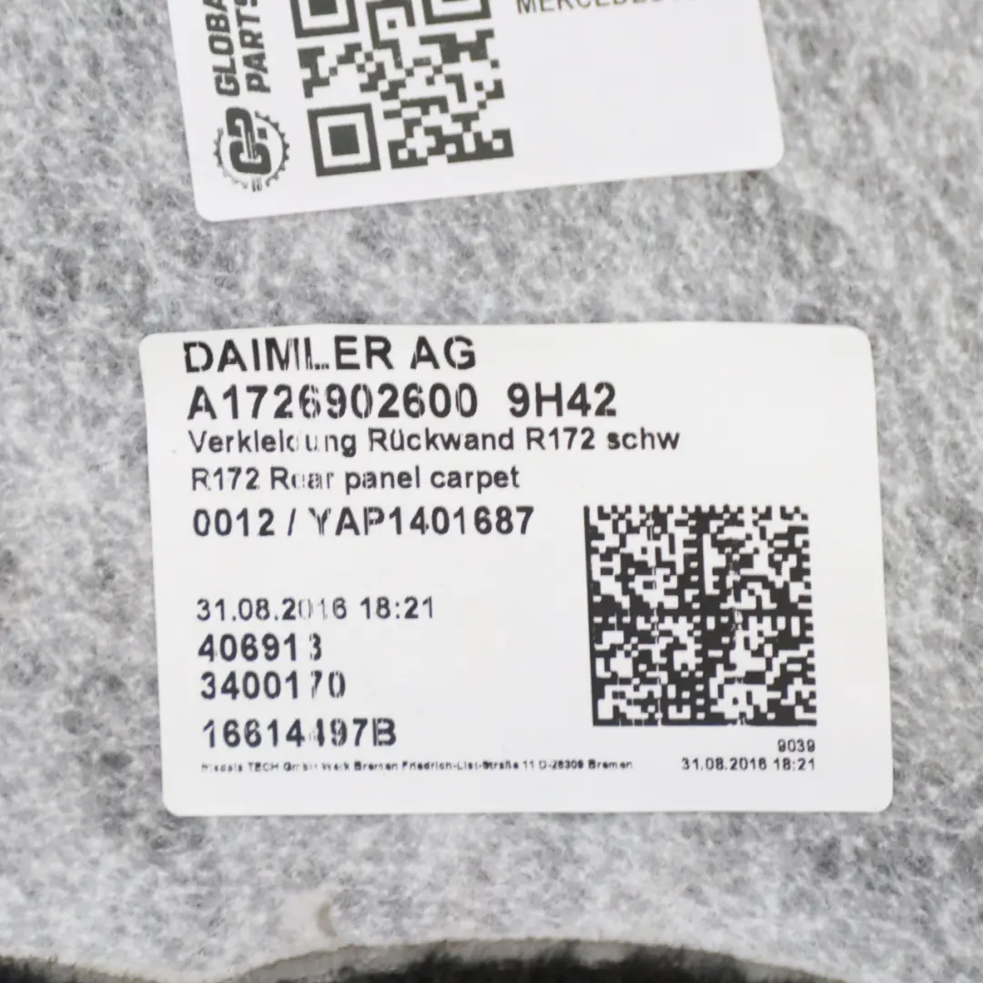 Mercedes R172 Tylna Mata Wykładzina Podłogowa Czarna - SKU A1726901041 - Numer Części A1726901041