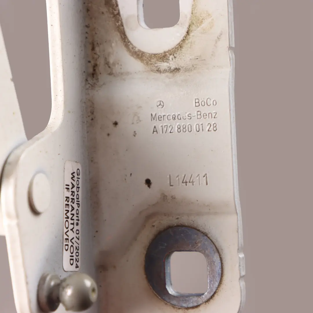 Bonnet Hinge Mercedes W172 W192 Front Hood Left N/S Calcite White - 650 to with Part number A1728800128 Bonnet Hinge Mercedes W172 W192 Front Hood Left N/S Calcite White - 650 - SKU A1728800128-CW - Part number A1728800128