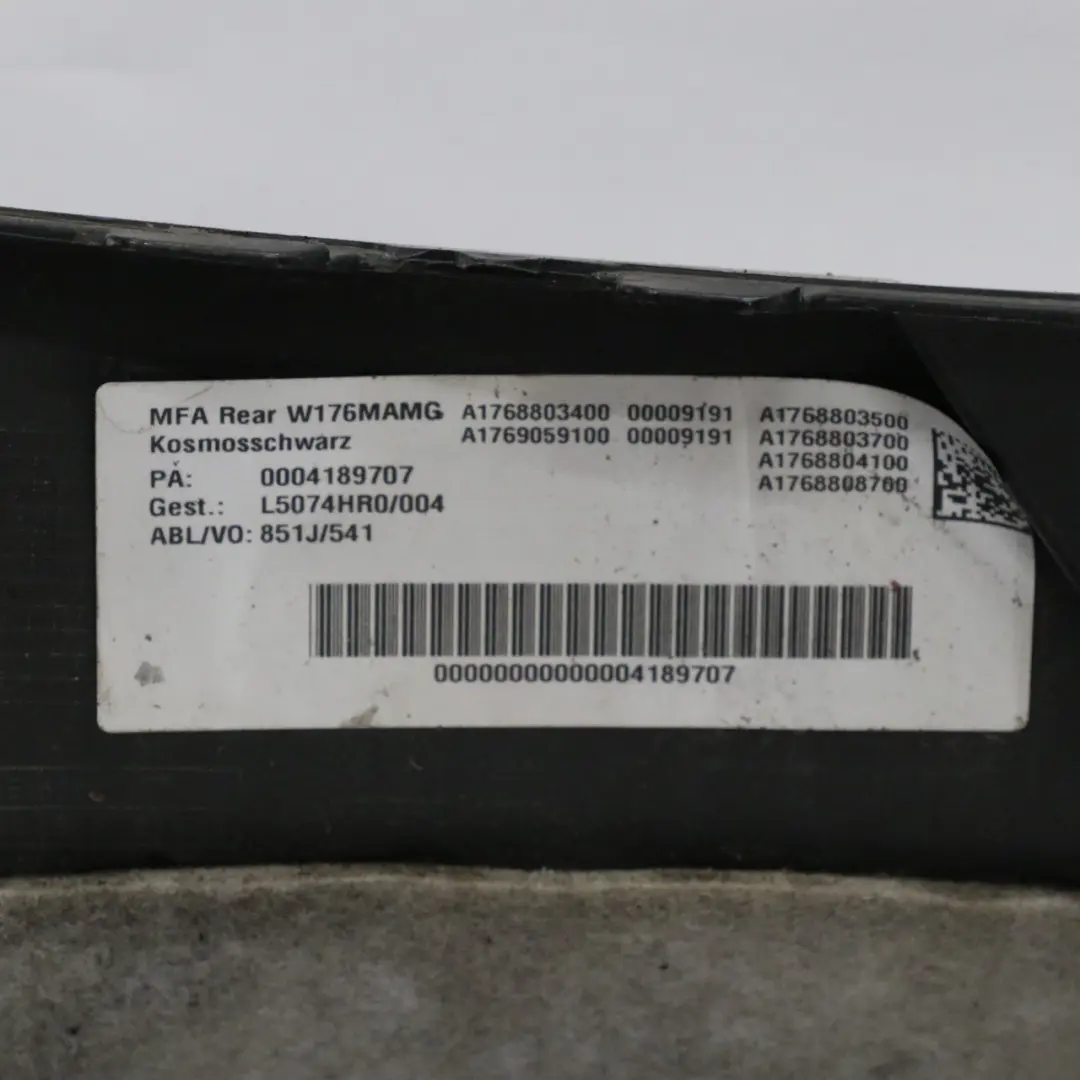 Bumper Rear Trim Panel Cover AMG Kosmos Cosmic Black Metallic 191 to Mercedes W176 with Part number A1768800001 Mercedes W176 Bumper Rear Trim Panel Cover AMG Kosmos Cosmic Black Metallic 191 - SKU A1768800001-COS1 - Part number A1768800001