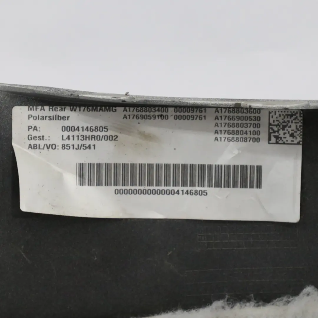 Bumper Rear Trim Panel Cover AMG Polar Silver Metallic - 761 to Mercedes W176 with Part number A1768800001 Mercedes W176 Bumper Rear Trim Panel Cover AMG Polar Silver Metallic - 761 - SKU A1768800001-PLS - Part number A1768800001