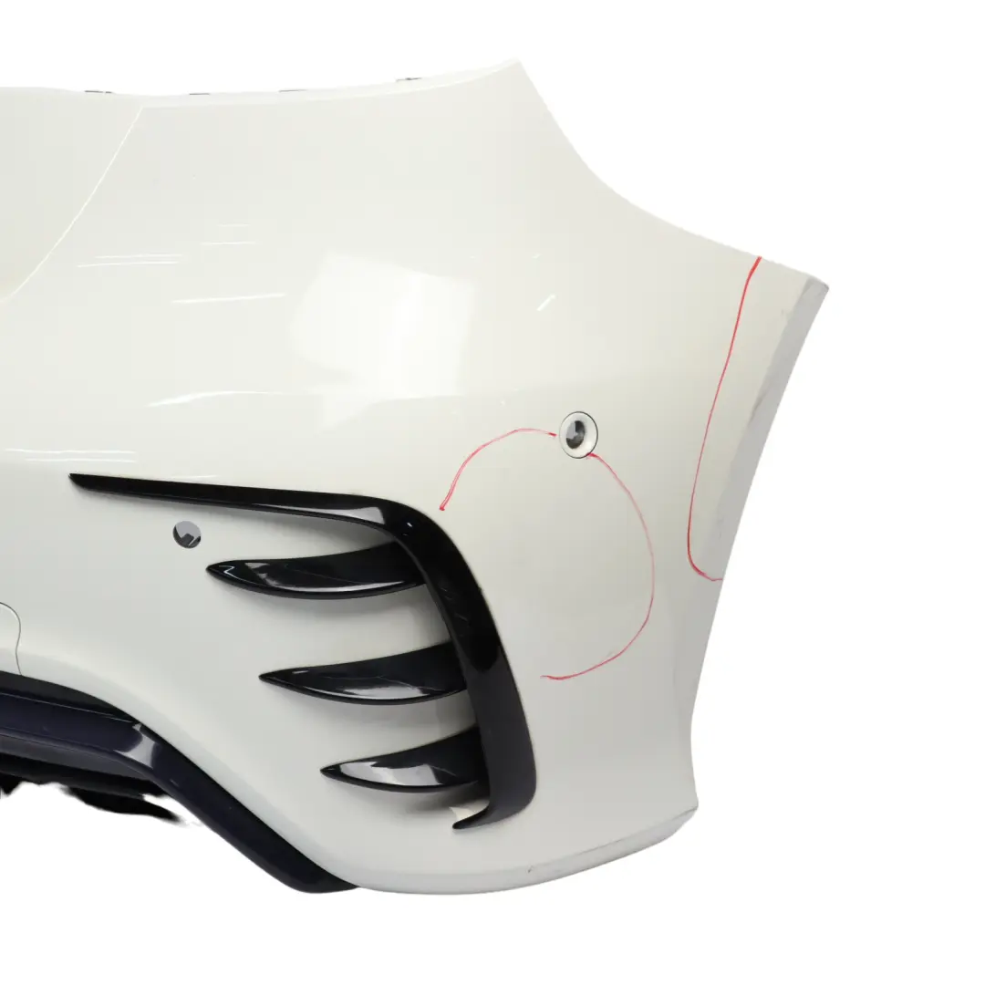 Bumper Rear Trim Panel AMG Bumper Covering Calcite White - 650 to Mercedes W176 with Part number A1768800201 Mercedes W176 Bumper Rear Trim Panel AMG Bumper Covering Calcite White - 650 - SKU A1768800201-CW - Part number A1768800201