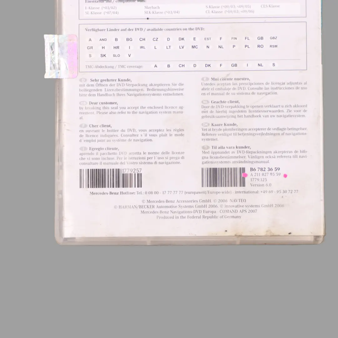Mercedes Navigation CD Road Map Europe APS 2007 - SKU A2118279559 - Part number A2118279559