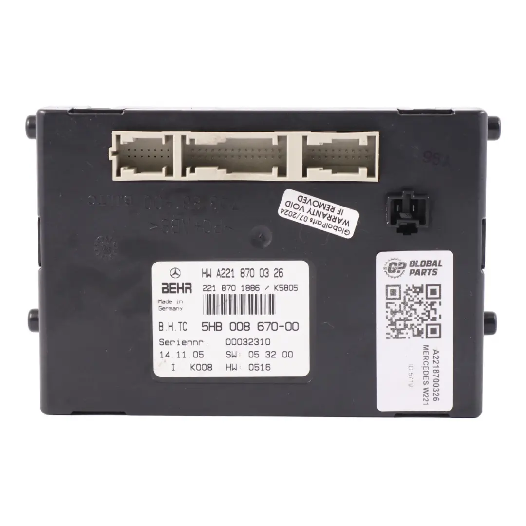 Conditioning Climate Heater Control Unit Module to Mercedes W221 Air with Part number A2218700326 Mercedes W221 Air Conditioning Climate Heater Control Unit Module - SKU A2218700326 - Part number A2218700326