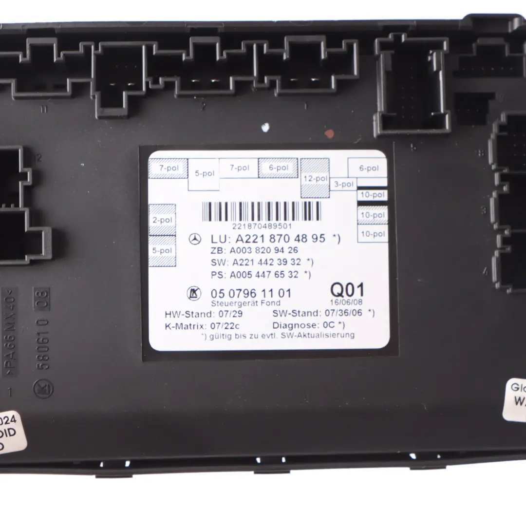 Door Module Rear Door Control ECU Unit Left N/S to Mercedes W221 with Part number A2218704895 Mercedes W221 Door Module Rear Door Control ECU Unit Left N/S - SKU A2218704895 - Part number A2218704895