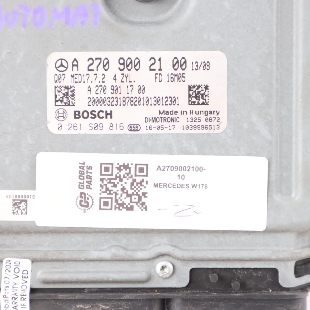 133.980 Engine Control Unit ECU Automatic to Mercedes C117 W176 45 AMG with Part number A2709002100 Mercedes C117 W176 45 AMG 133.980 Engine Control Unit ECU Automatic - SKU A2709002100-10 - Part number A2709002100