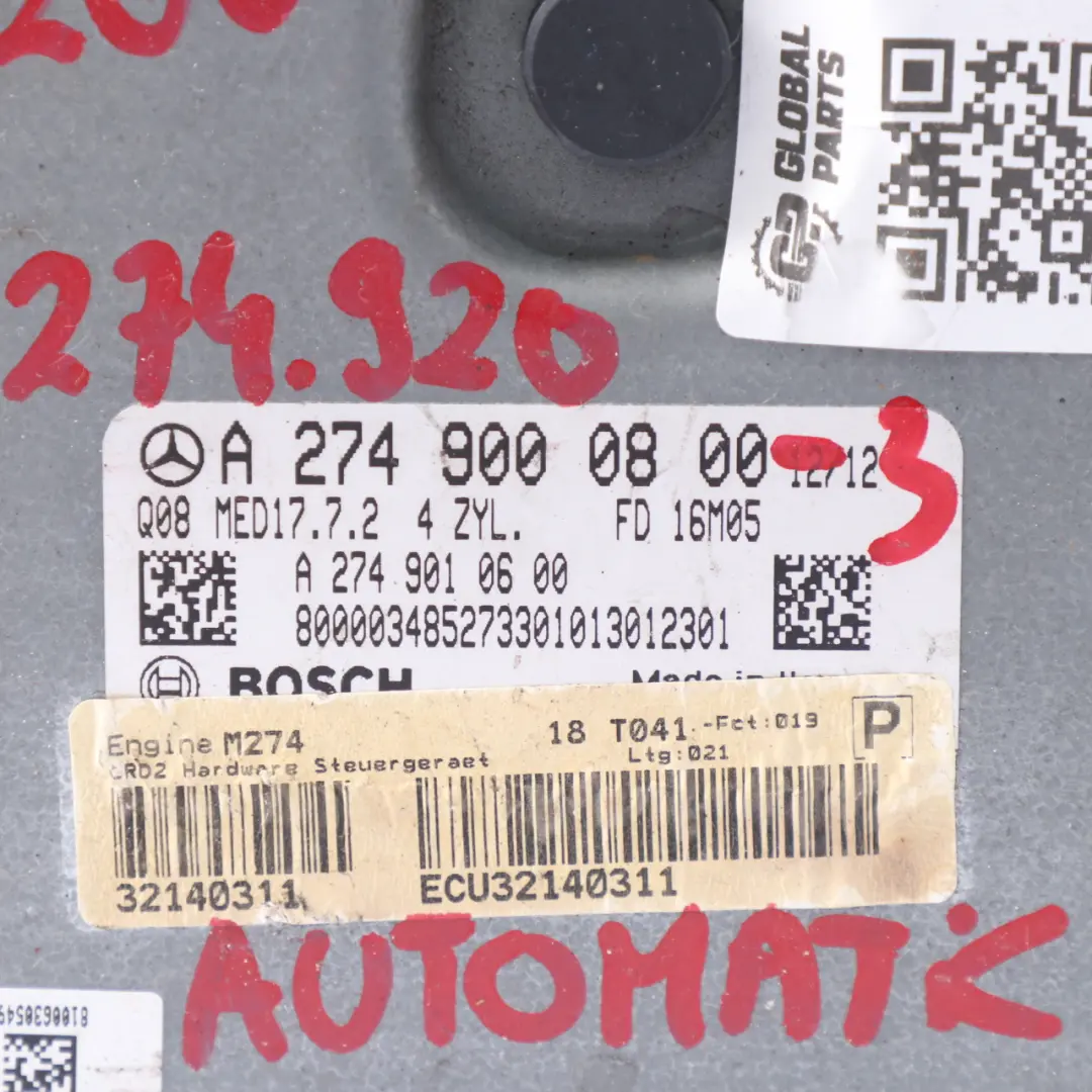 C200 274.920 184HP Unità Motore ECU per Mercedes W205 con numero di parte A2749000800 Mercedes W205 C200 274.920 184HP Unità Motore ECU - SKU A2749000800-3 - Numero di parte A2749000800