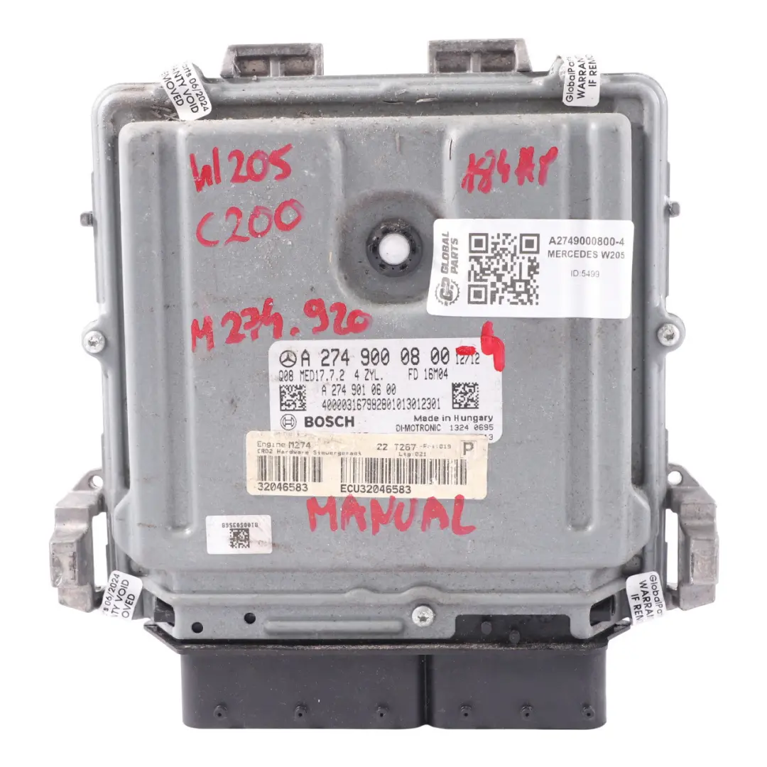 Mercedes W205 C200 274.920 184HP Engine Control Unit ECU Manual - SKU A2749000800-4 - Part number A2749000800