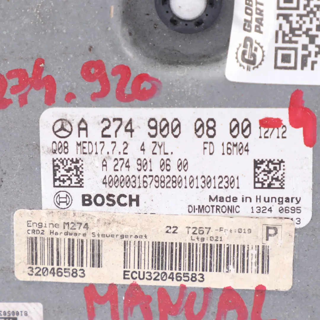 Mercedes W205 C200 274.920 184HP Engine Control Unit ECU Manual - SKU A2749000800-4 - Part number A2749000800