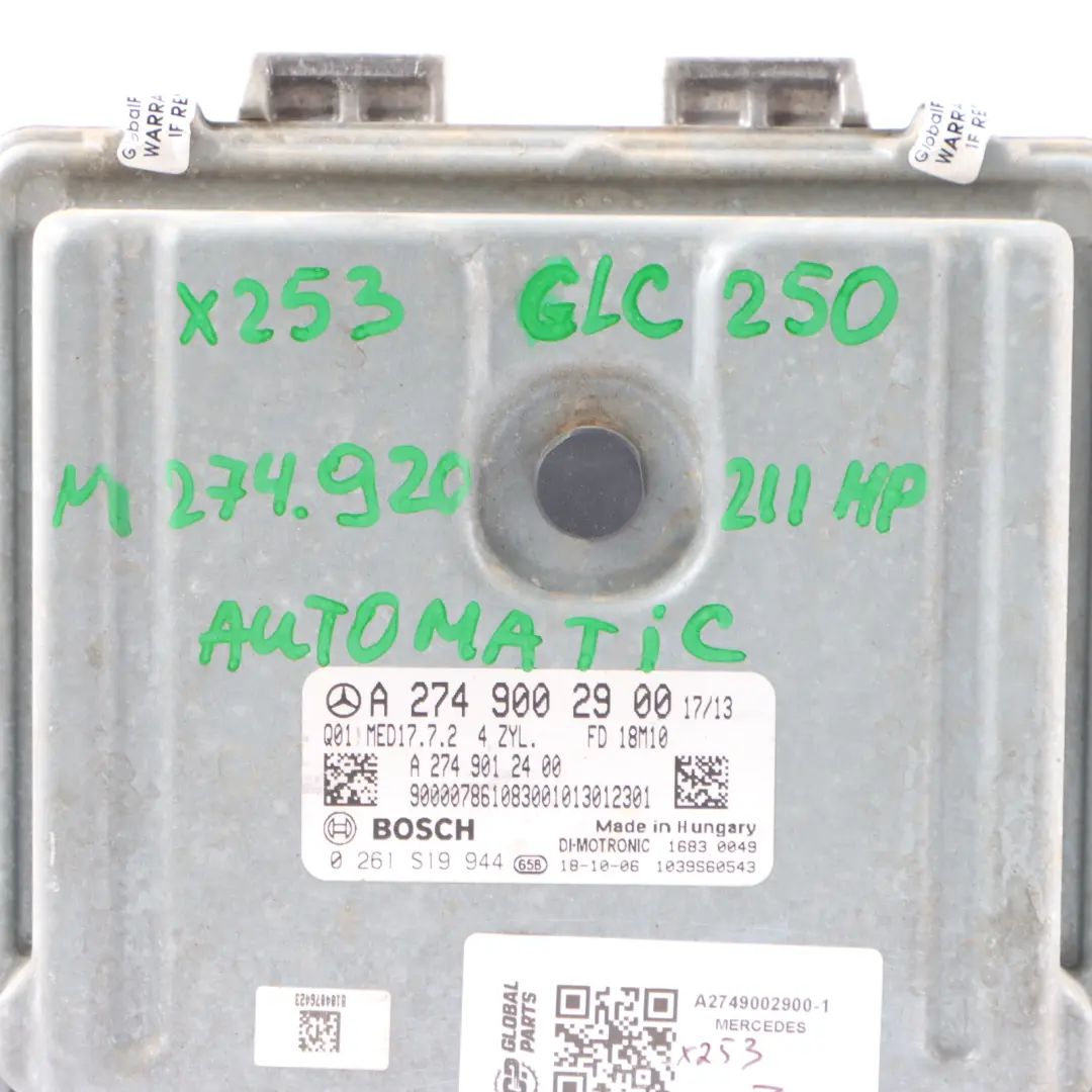 M274.920 4-Matic Engine ECU Unit Module to Mercedes X253 GLC 250 with Part number A2749002900 Mercedes X253 GLC 250 M274.920 4-Matic Engine ECU Unit Module - SKU A2749002900-1 - Part number A2749002900