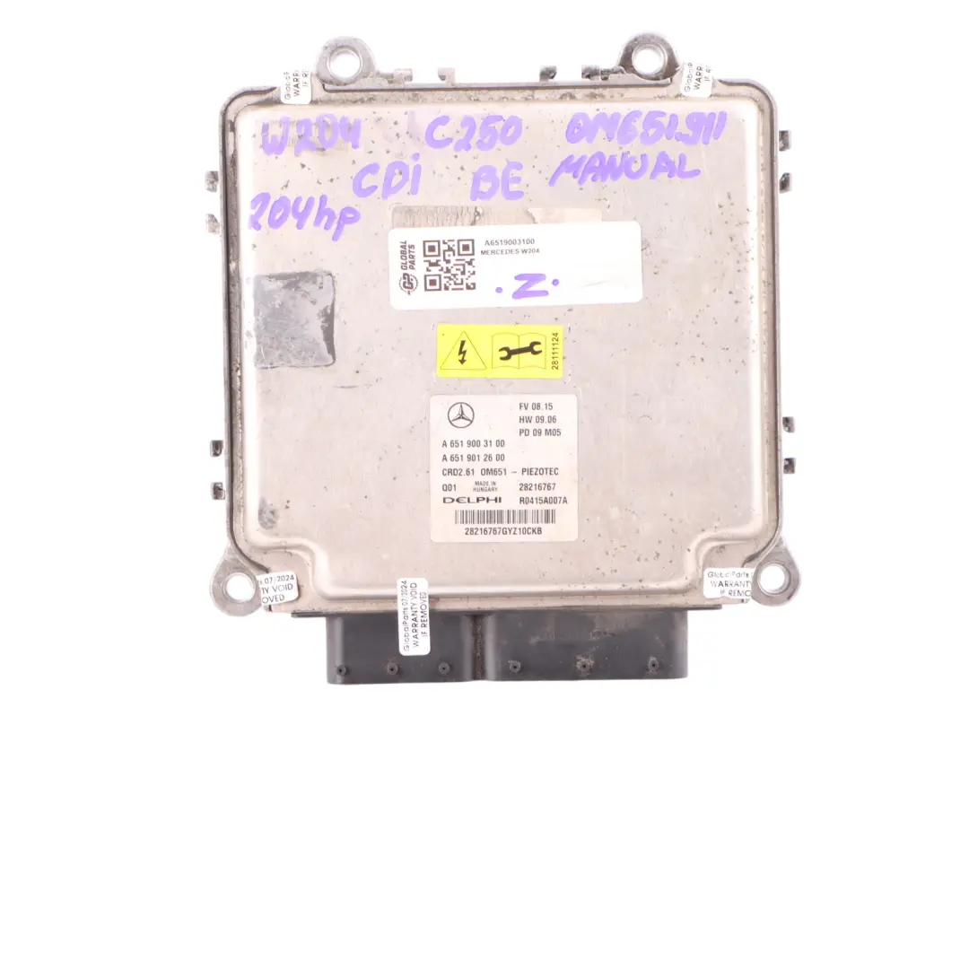C250 CDI BE OM651.911 Engine Control Unit ECU Kit Key to Mercedes W204 with Part number A6519003100 Mercedes W204 C250 CDI BE OM651.911 Engine Control Unit ECU Kit Key - SKU A6519003100 - Part number A6519003100