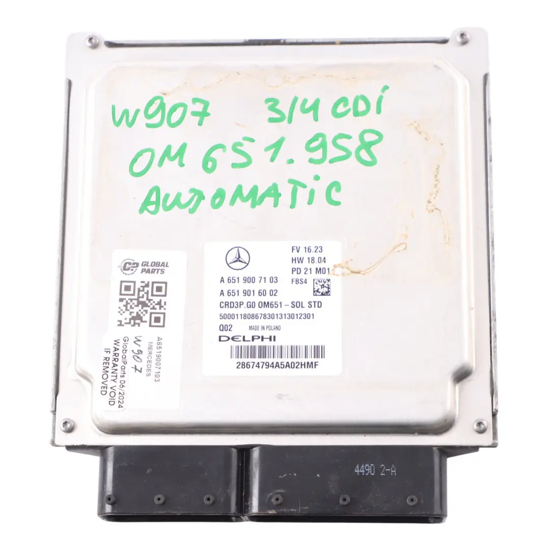 W907 314CDI OM651.958 Unidad Control Motor ECU Automático para Mercedes con número de pieza A6519007103 Mercedes W907 314CDI OM651.958 Unidad Control Motor ECU Automático - SKU A6519007103 - Número de pieza A6519007103