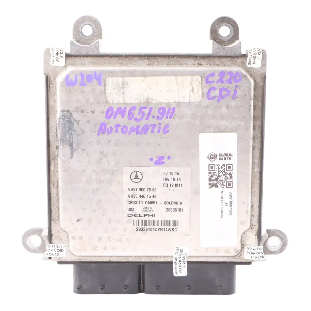 Mercedes W204 C220 CDI 651.911 Engine Control Unit ECU Automatic - SKU A6519007500-15 - Part number A6519007500