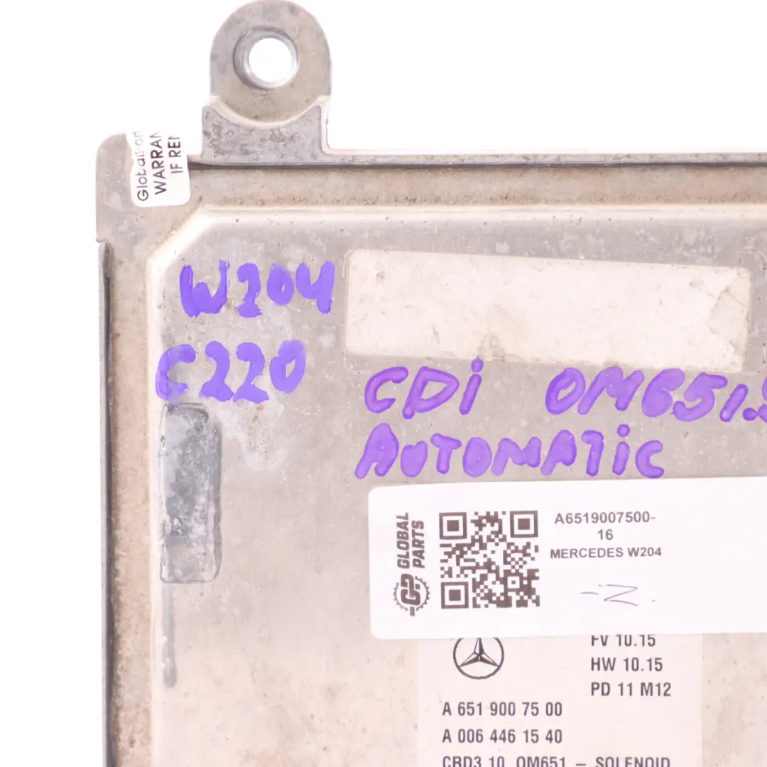 C220 Calculateur Moteur CDI 651.911 ECU Automatique pour Mercedes W204 à propos du numéro de pièce A6519007500 Mercedes W204 C220 Calculateur Moteur CDI 651.911 ECU Automatique - SKU A6519007500-16 - Numéro de pièce A6519007500