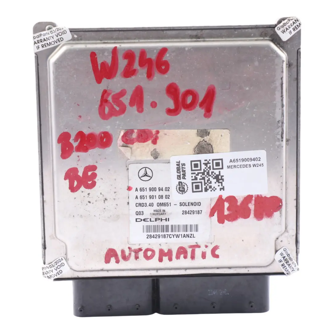 Mercedes W245 B200 CDI Blue Efficiency OM651.901 Motoreinheit ECU - SKU A6519009402 - Teilenummer A6519009402