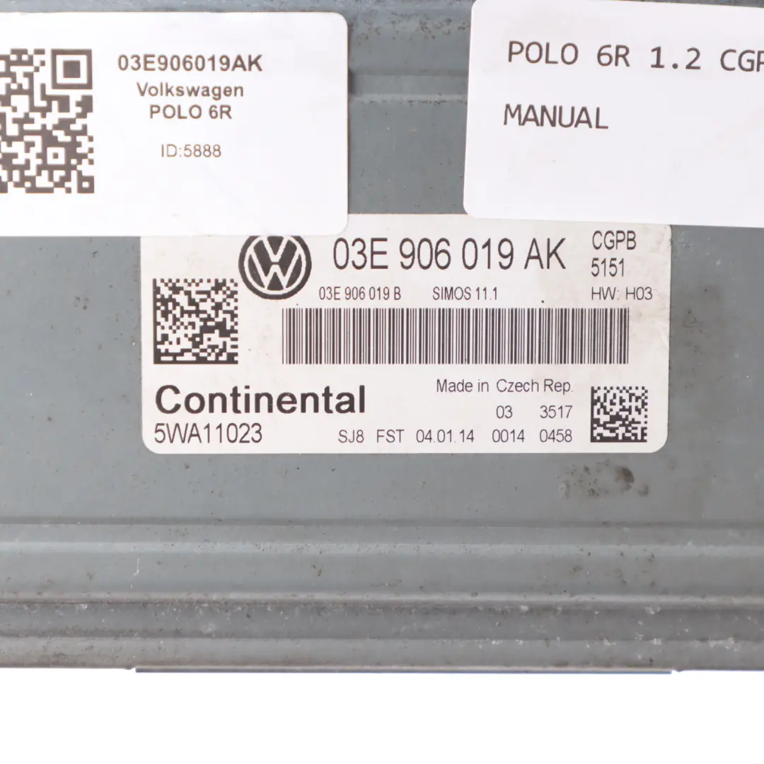 CGPB 1.2 Petrol 60HP Engine Control Unit ECU to VW Volkswagen Polo 6R with Part number 03E906019AK VW Volkswagen Polo 6R CGPB 1.2 Petrol 60HP Engine Control Unit ECU - SKU 03E906019AK - Part number 03E906019AK