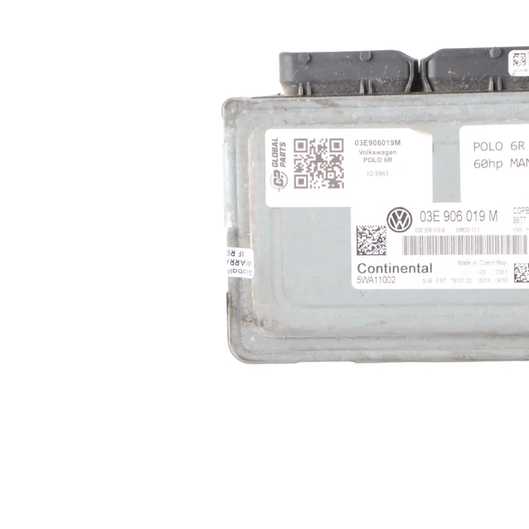 CGPB 60HP Engine Control ECU Manual Volkswagen Polo 6R 1.2 Petrol - SKU 03E906019M - Part number 03E906019M